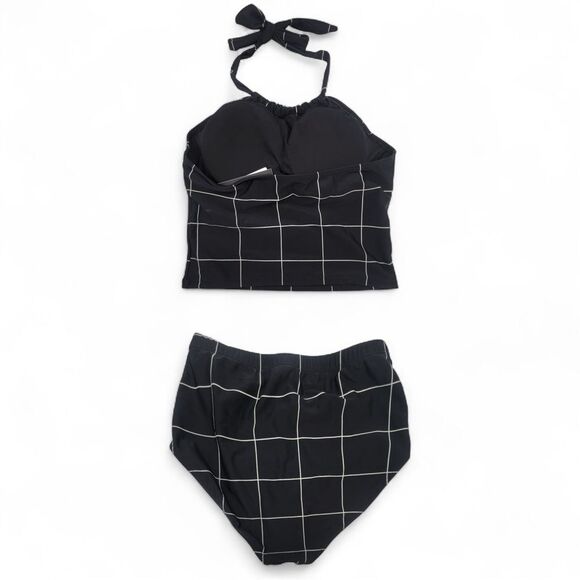 NWT Janela Bay Black Windowpane Halter Tankini Size Medium Modest Swimsuit Set - Picture 2 of 13